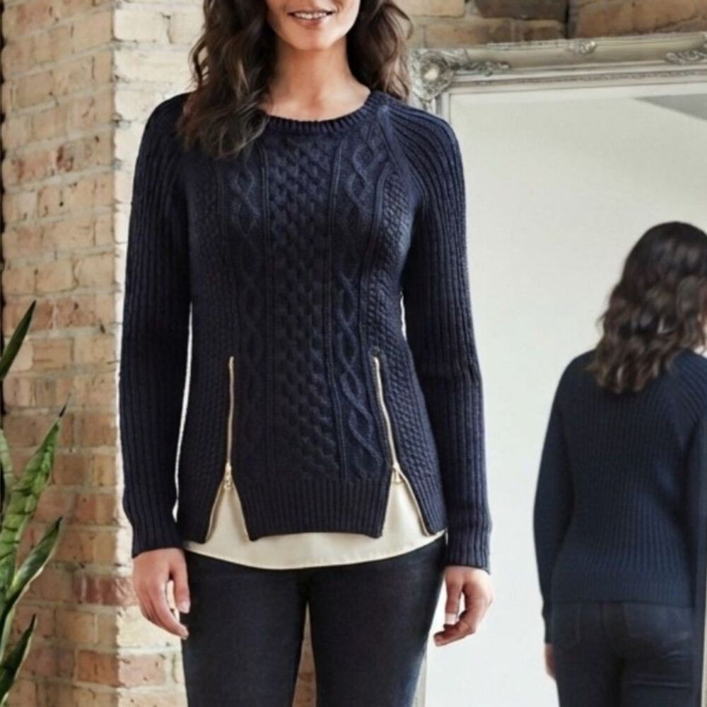 MICHAEL Michael Kors Womens M Cable Knit Sweater Gold Side Zip Pullover Chunky